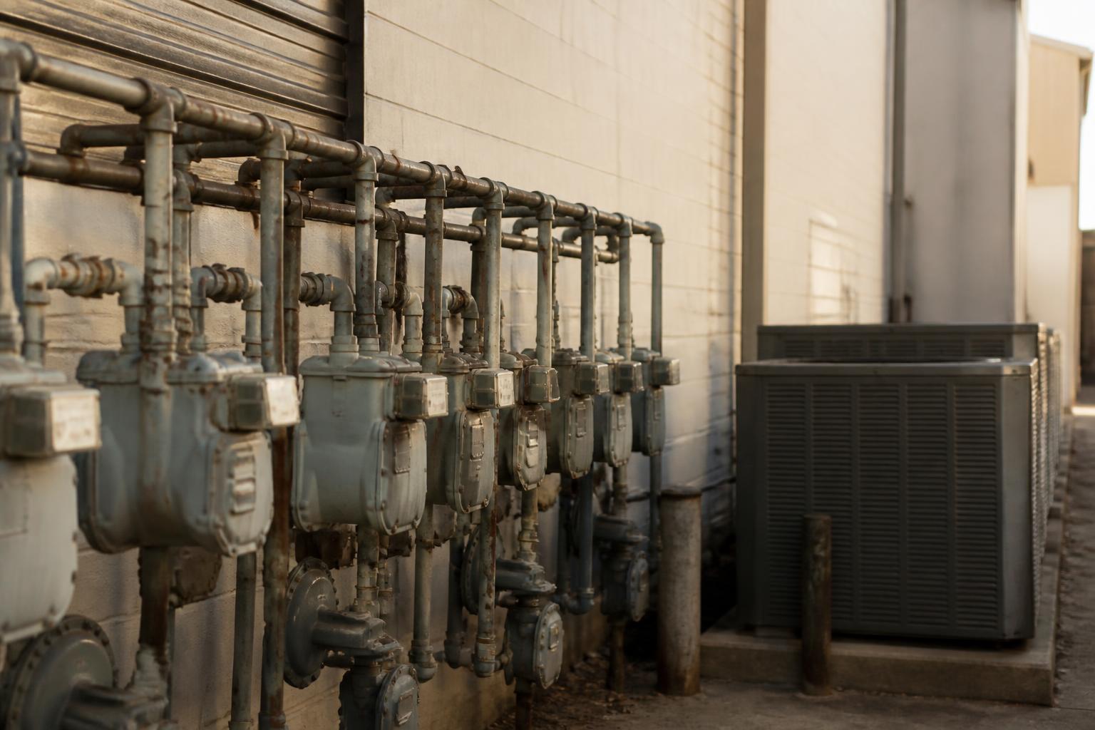 Gas meters, pipes, and an HVAC unit line an exterior building wall