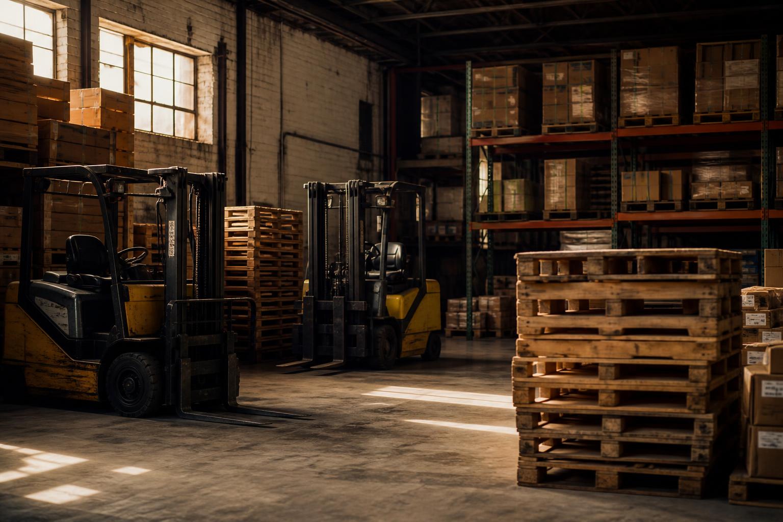 Warehouse interior contains forklifts, pallets, boxes, racks, and sunlit windows