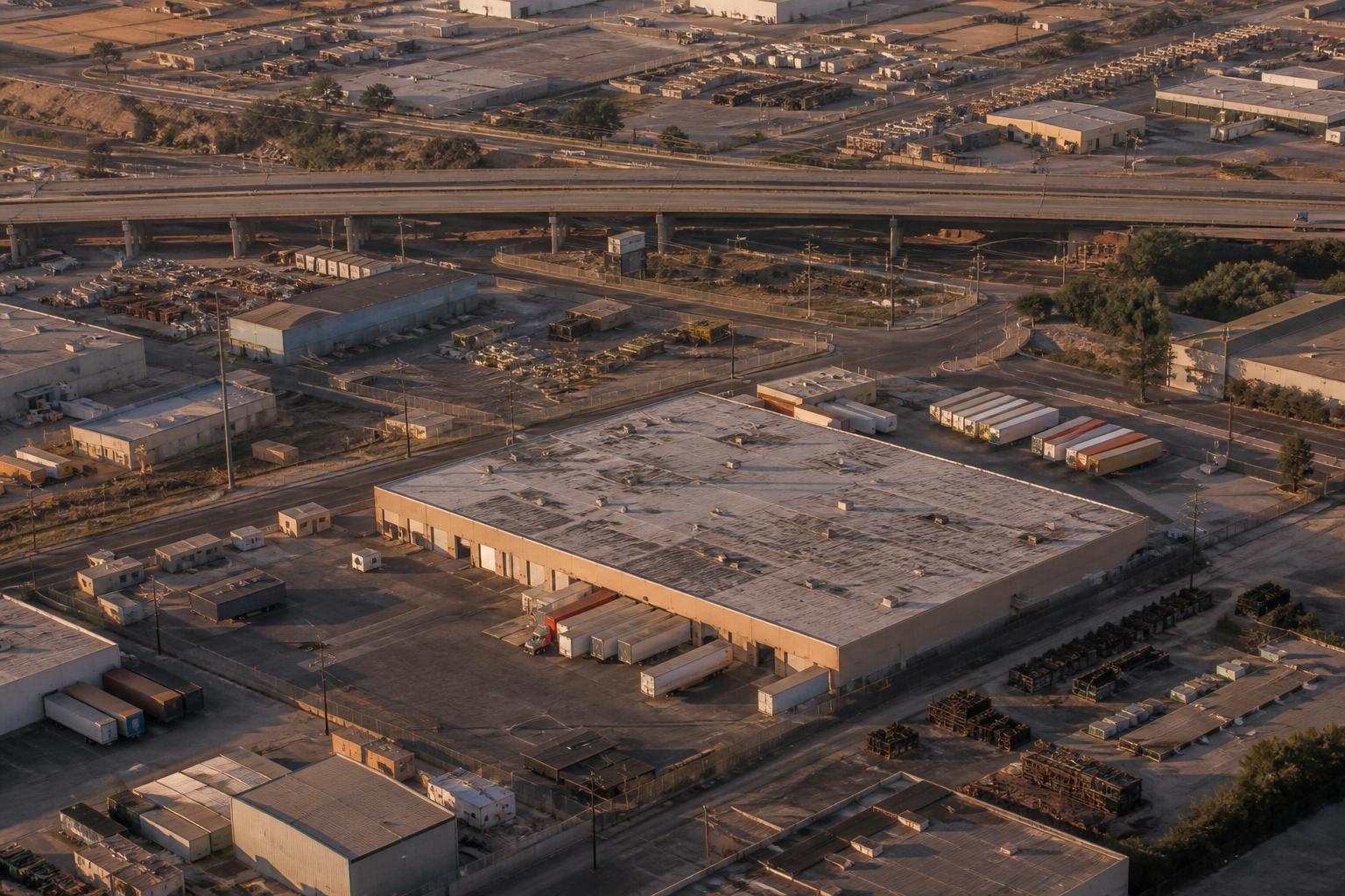 Aerial view shows warehouses, roads, trailers, yards, and an elevated highway