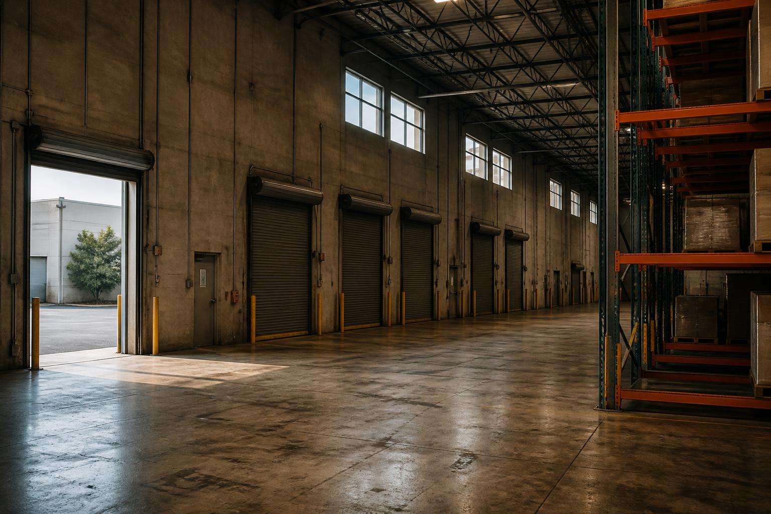 Warehouse interior shows loading doors, windows, shelving racks, pallets, and concrete floor