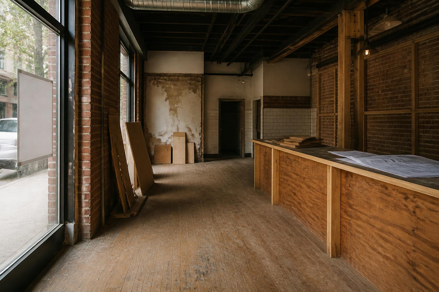 Empty brick interior with wooden floor, construction materials, windows, and unfinished counter