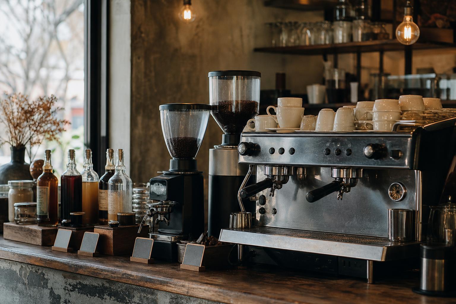 Coffee bar counter displays espresso machine, grinders, cups, bottles, and shelves