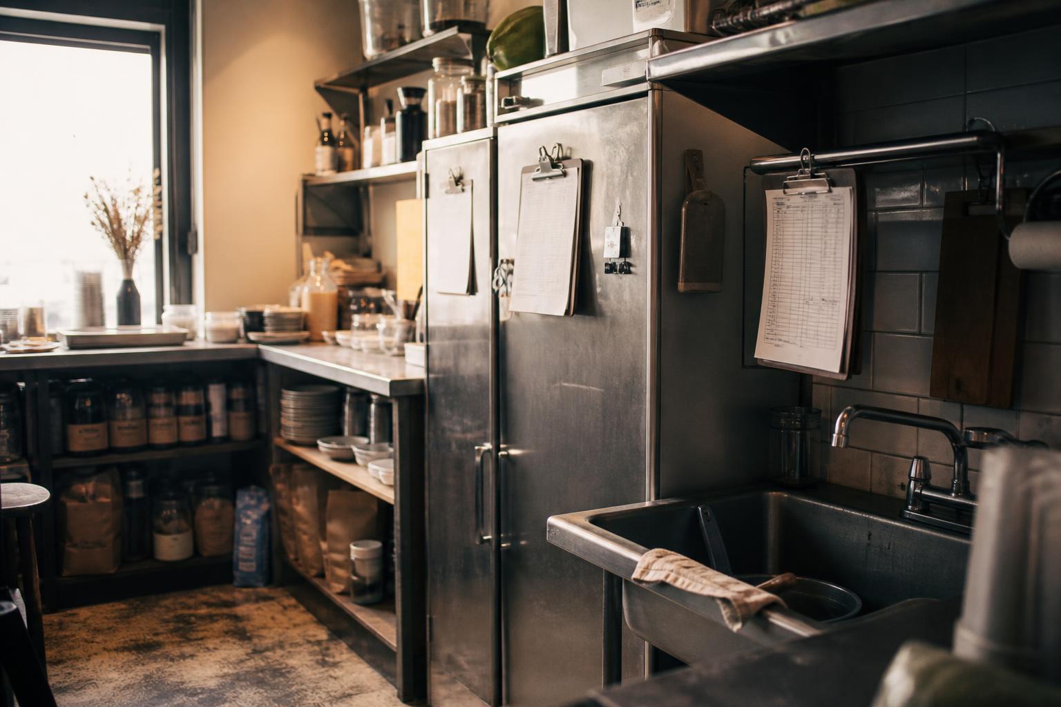 Compact cafe prep area contains refrigerator, sink, shelves, jars, clipboards, and dishes