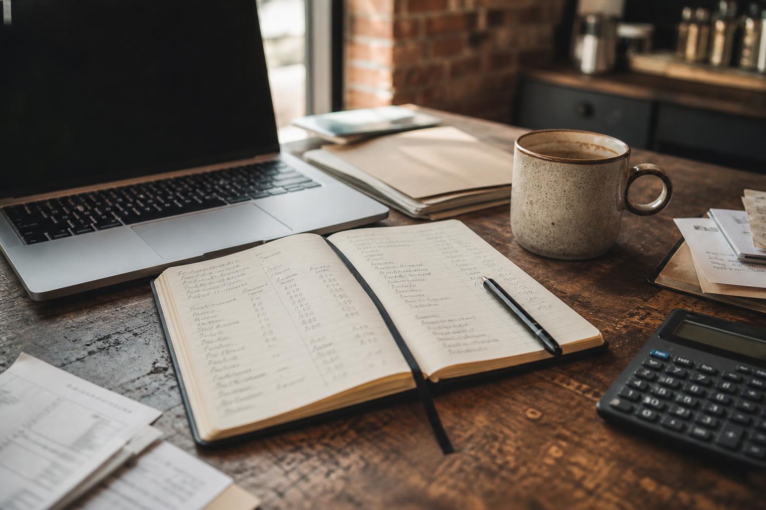 Wooden table holds laptop, notebook, pen, calculator, papers, and coffee mug