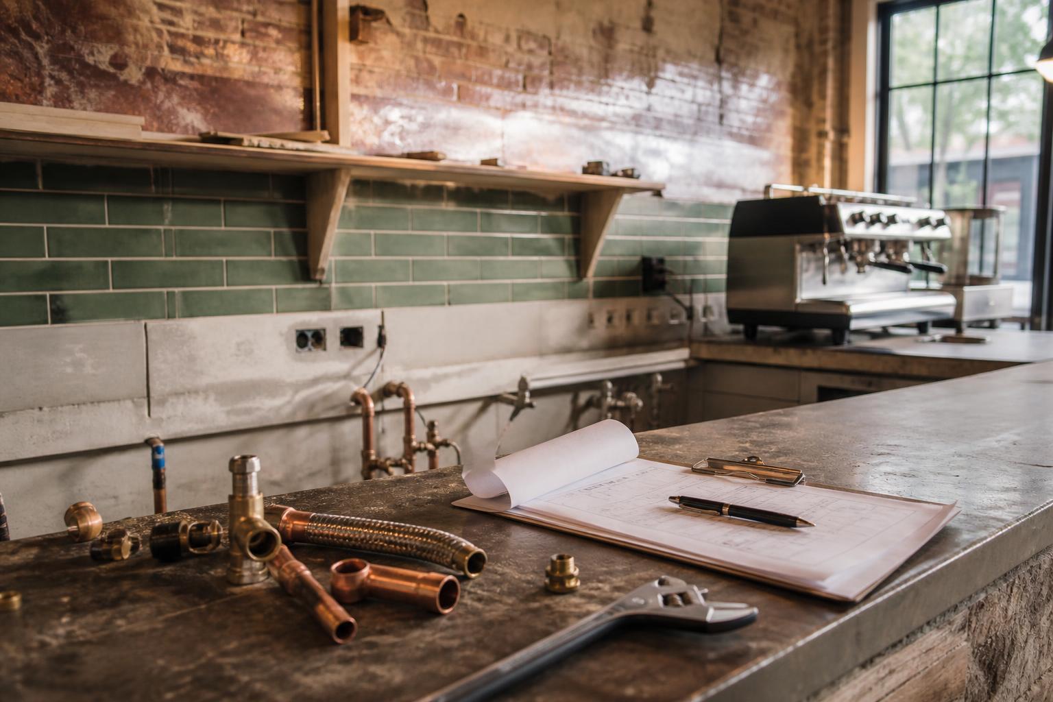 Cafe counter displays plumbing parts, wrench, clipboard, pen, tiles, and espresso machine