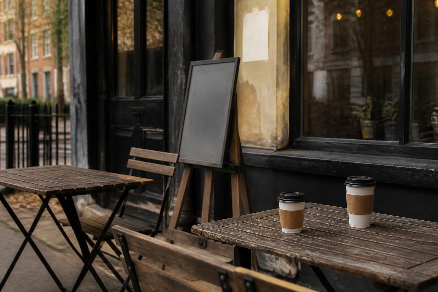 Outdoor cafe tables and chairs sit beside windows with two takeaway coffee cups