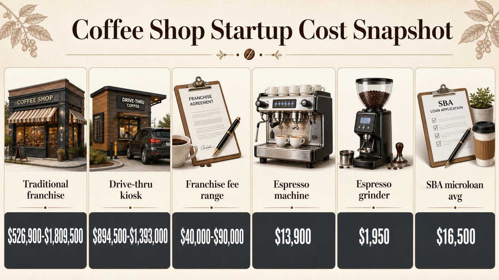 Infographic shows coffee shop startup costs with storefronts, equipment, documents, and price ranges