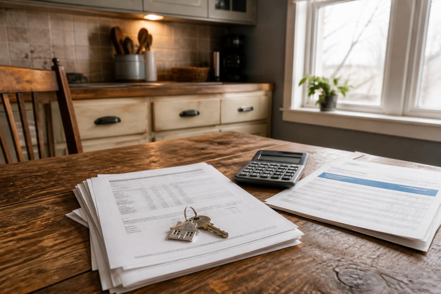 Papers, keys, and a calculator sit on a wooden kitchen table