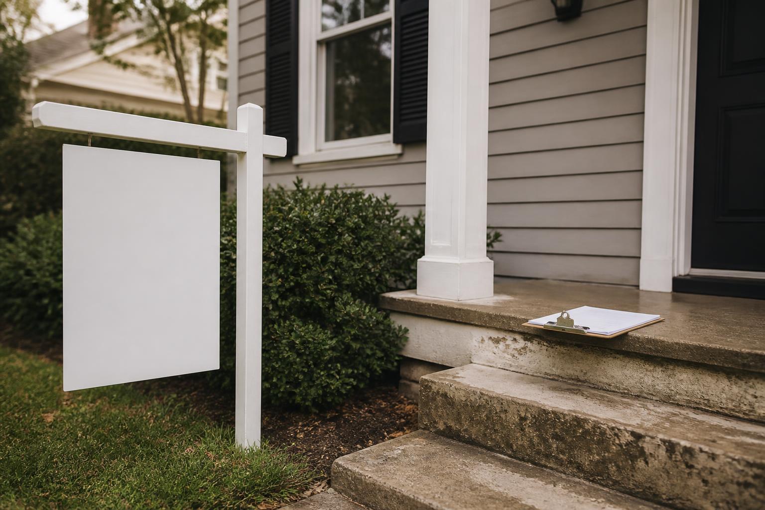 A blank yard sign stands beside porch steps with a clipboard nearby