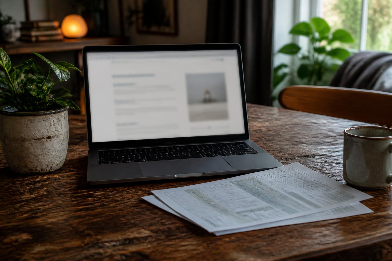 A laptop, papers, mug, and plants sit on a wooden table