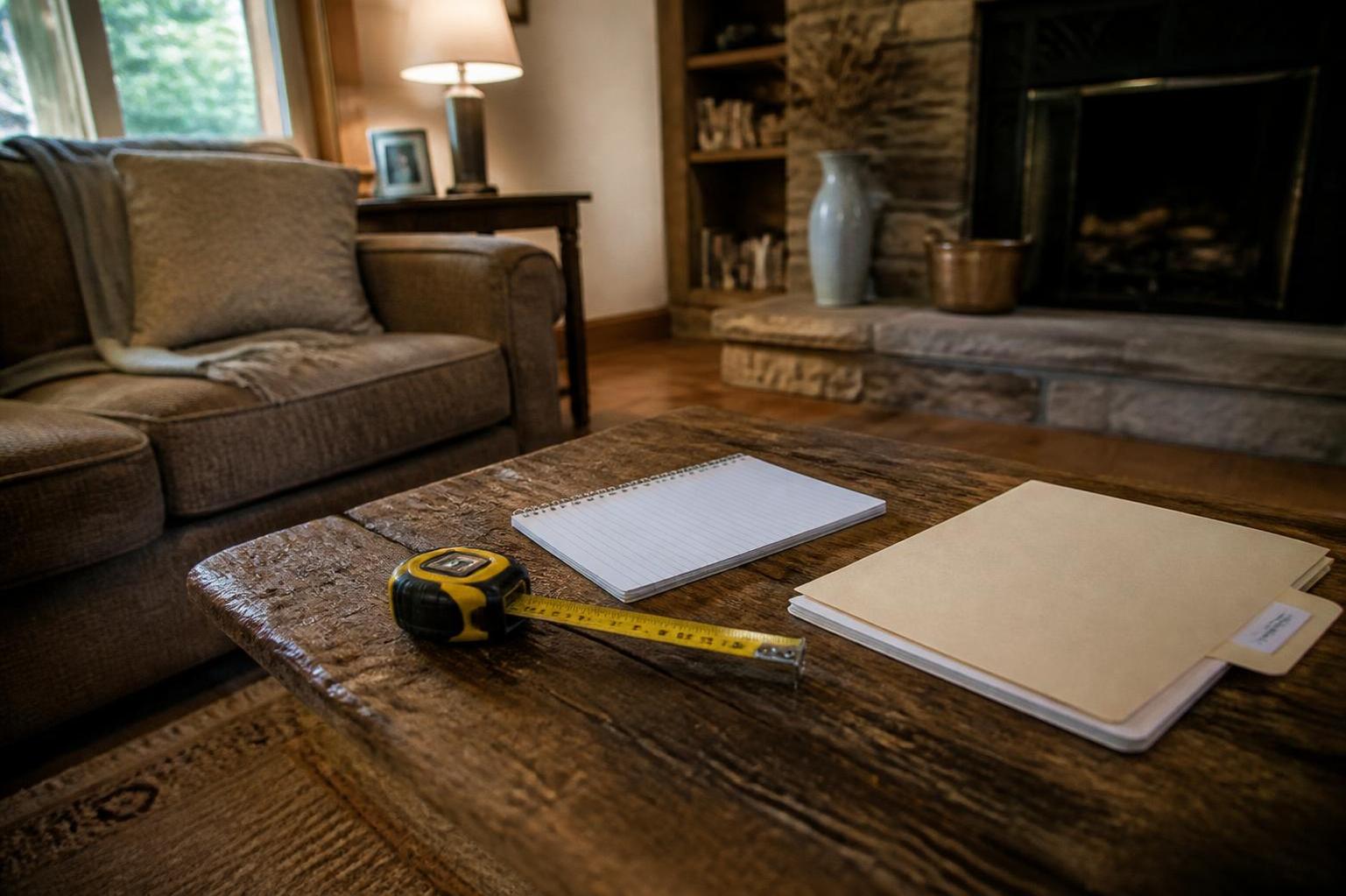 A tape measure, notebook, and folder lie on a living room coffee table