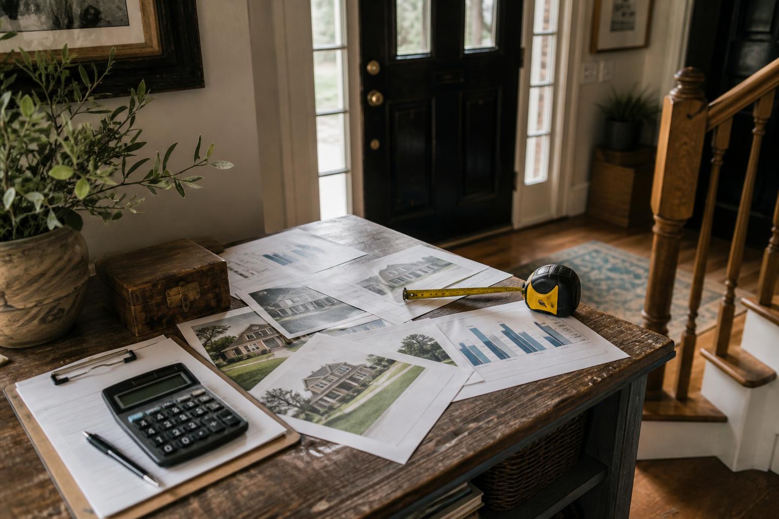 A calculator, tape measure, photos, and charts cover an entryway table