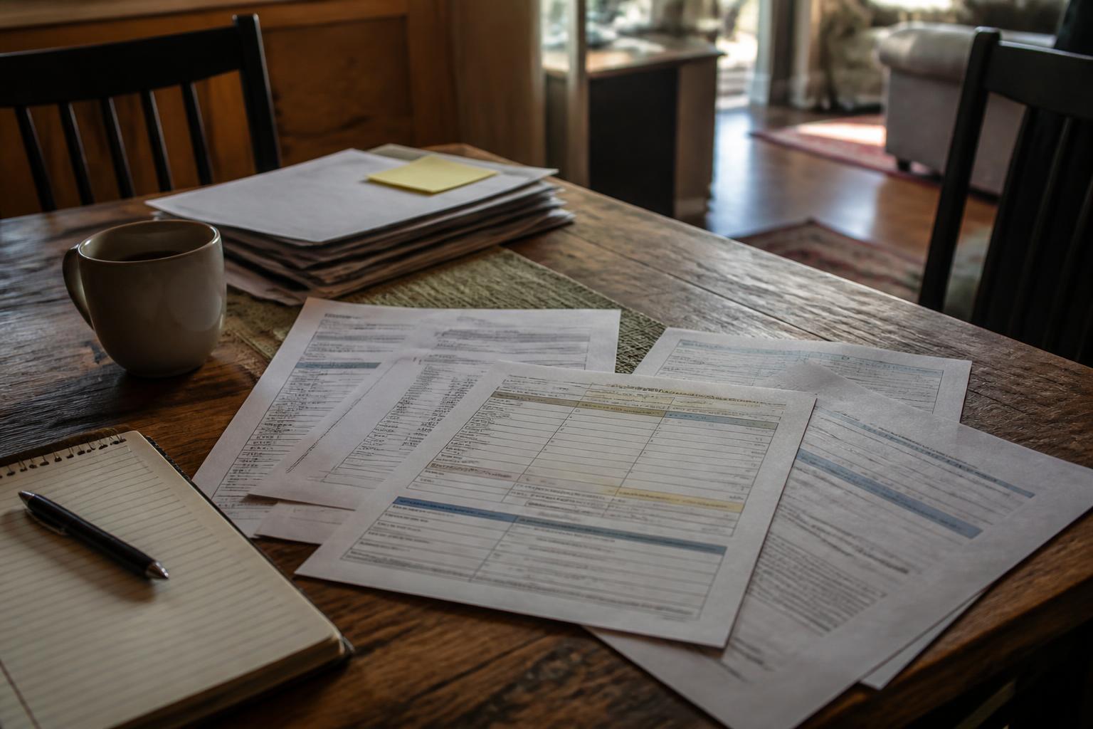 Forms, notebook, pen, mug, and folders sit on a wooden dining table