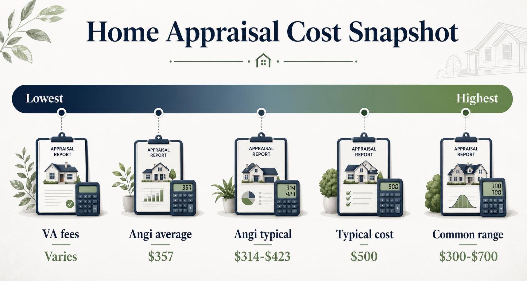 A home appraisal cost infographic shows reports, calculators, labels, and dollar amounts