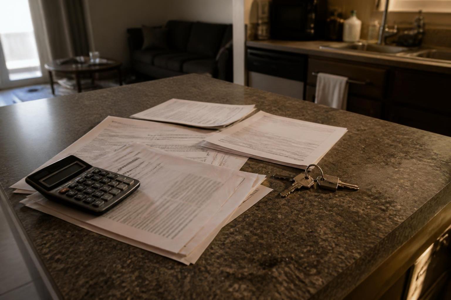 Calculator, documents, and keys lie on a kitchen counter in an apartment