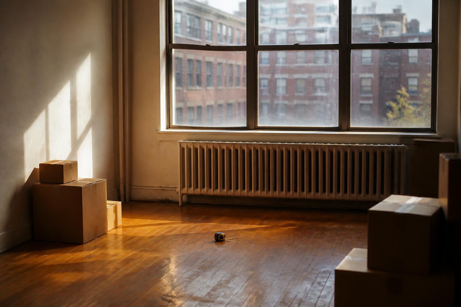 Empty room with cardboard boxes, radiator, large windows, and wooden floor