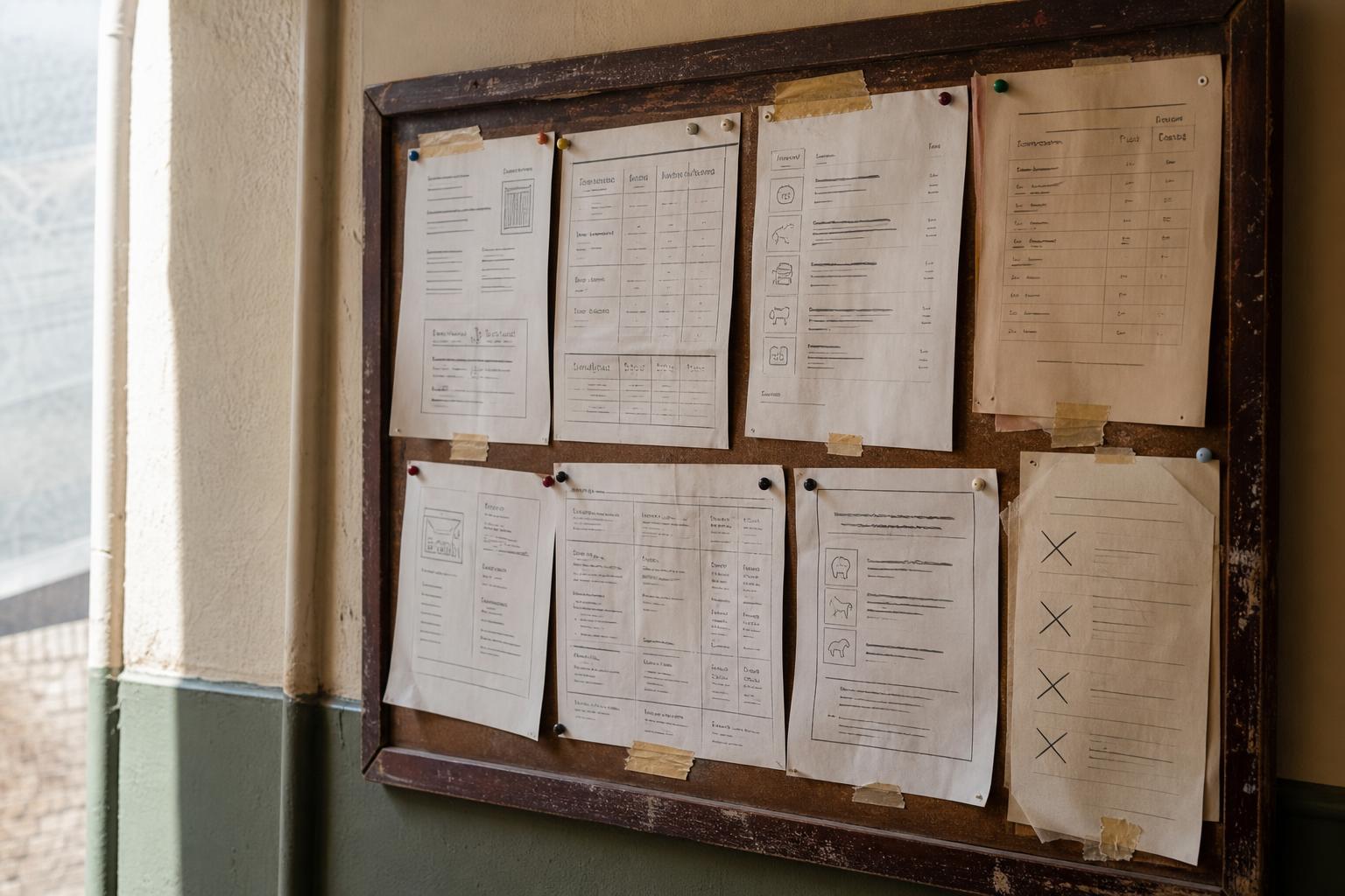 Pinned papers cover a bulletin board beside a hallway window