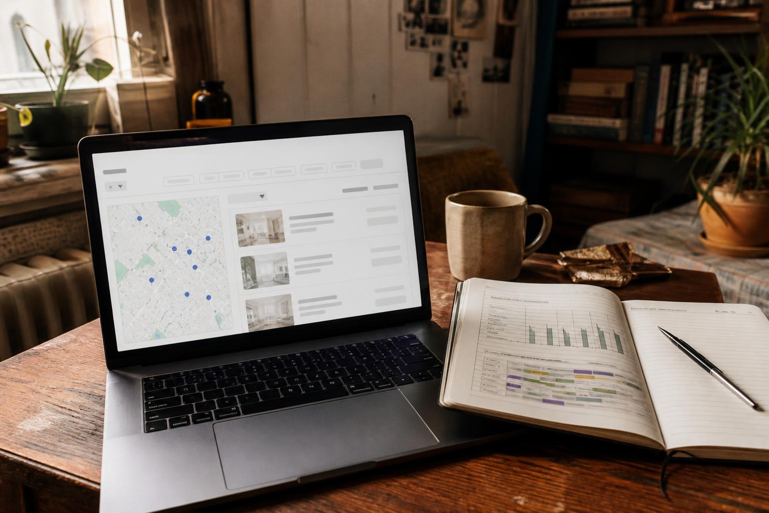 Laptop showing map listings sits on a table with notebook and mug