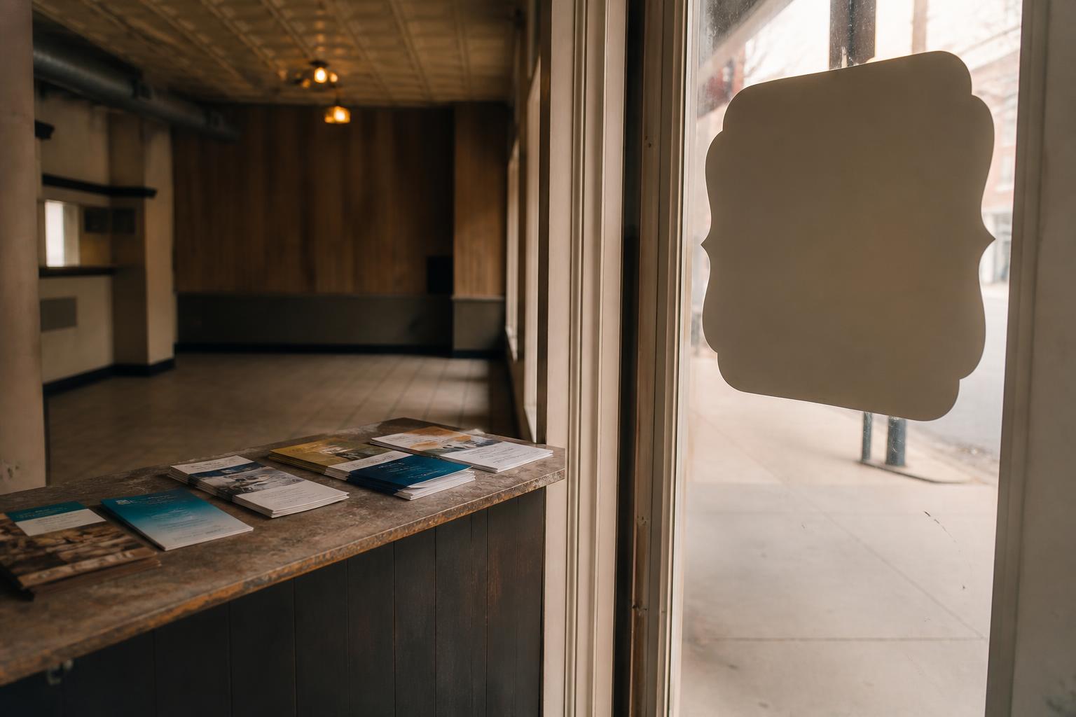 Brochures sit on a counter beside a window in an empty storefront