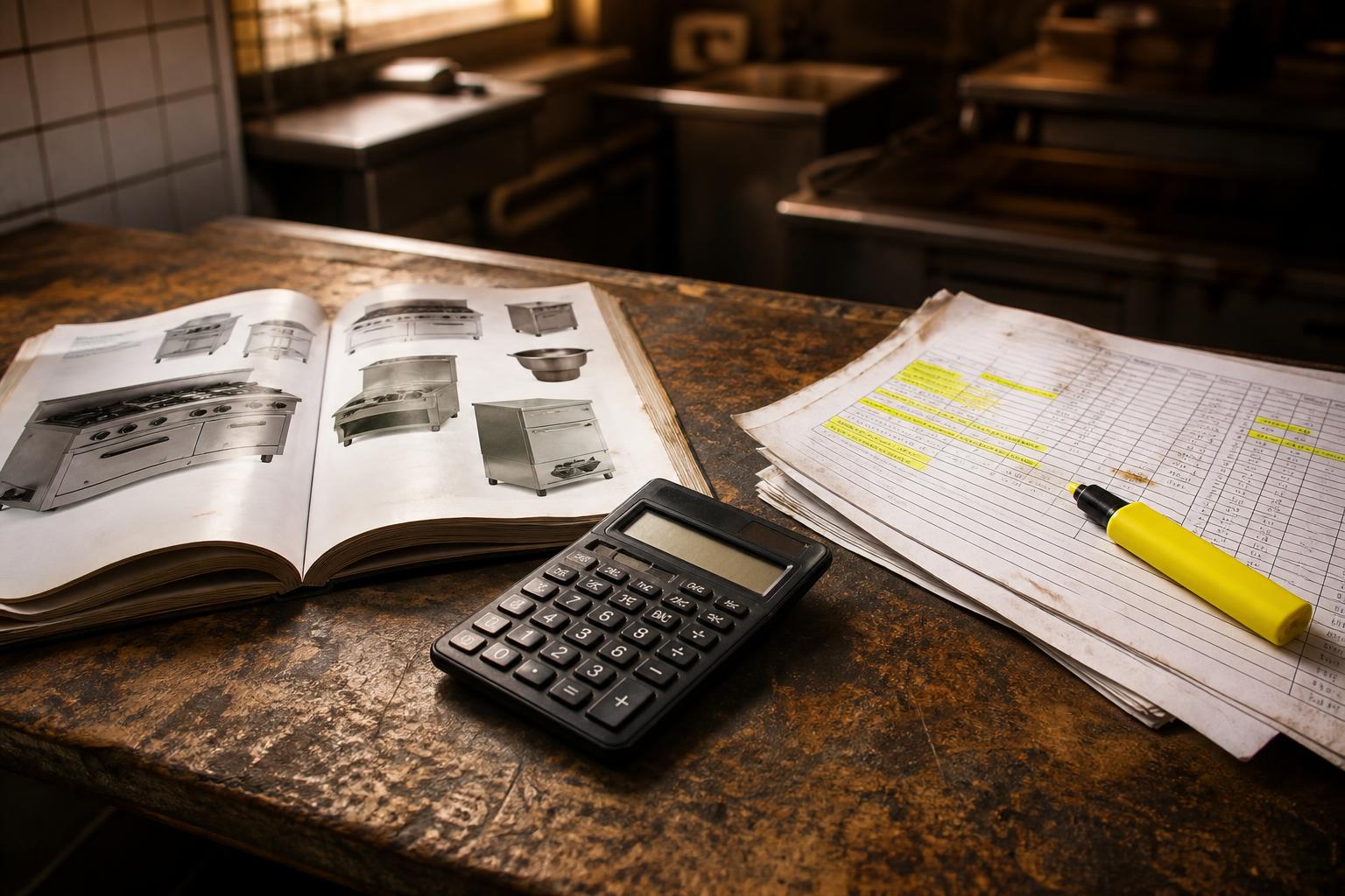 Calculator, highlighted spreadsheet, and equipment catalog lie on a worn kitchen counter