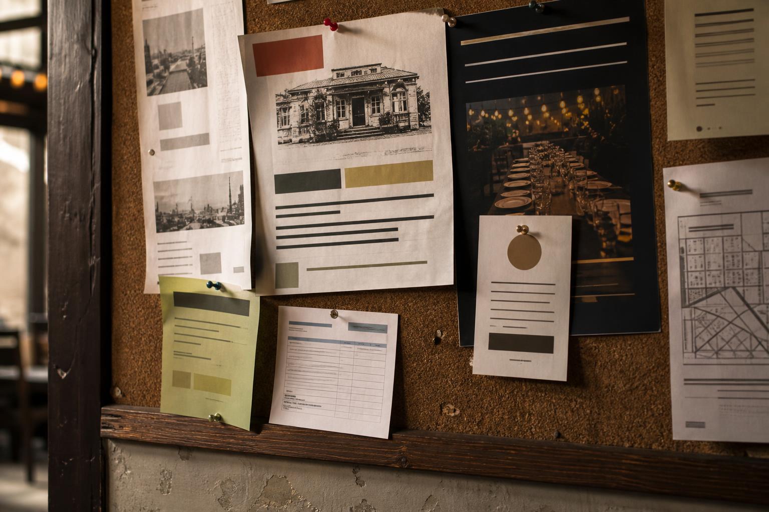 Printed plans and photos are pinned to a corkboard inside a restaurant space