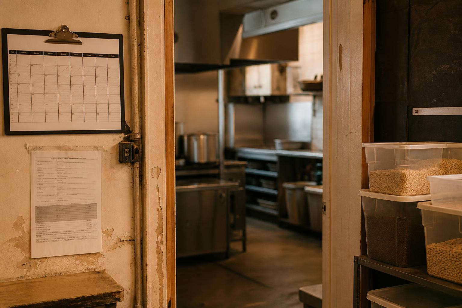 A wall calendar, notice, storage bins, and commercial kitchen are visible