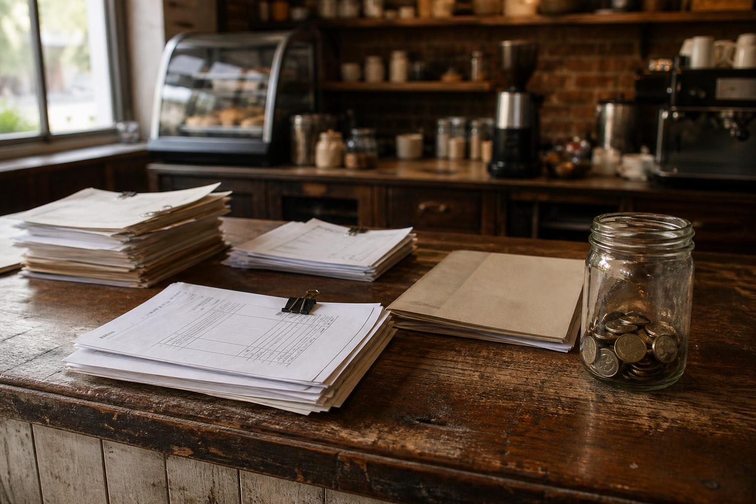 Stacks of papers, folders, and coin jar sit on a cafe counter