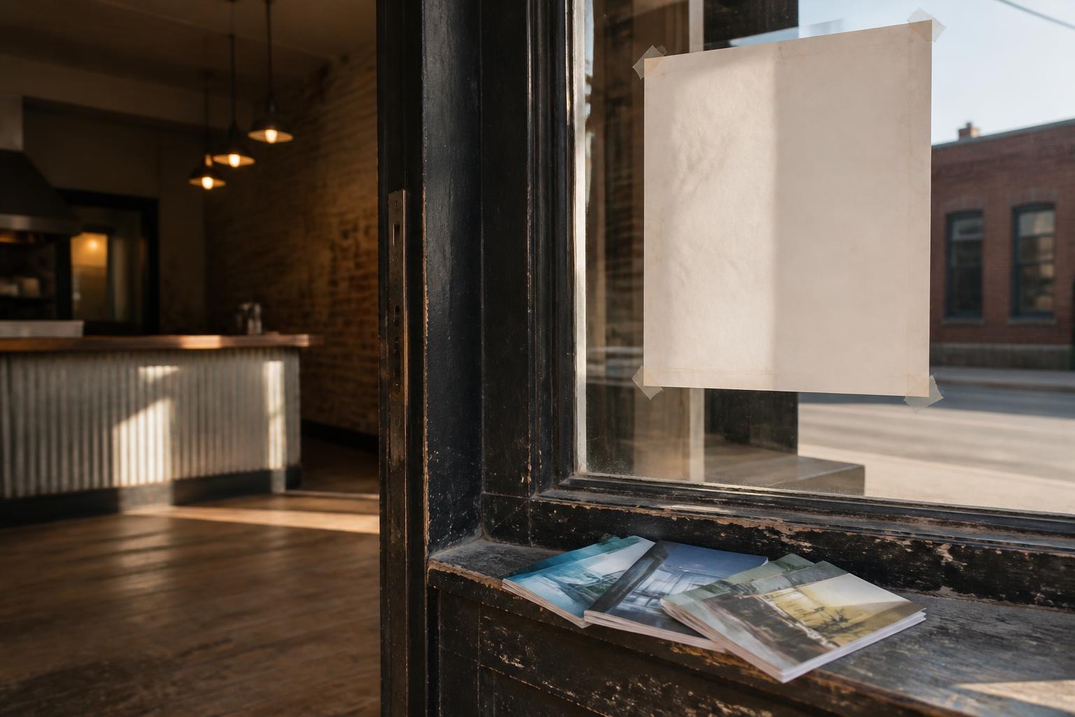 A blank paper sign and brochures sit in a storefront window