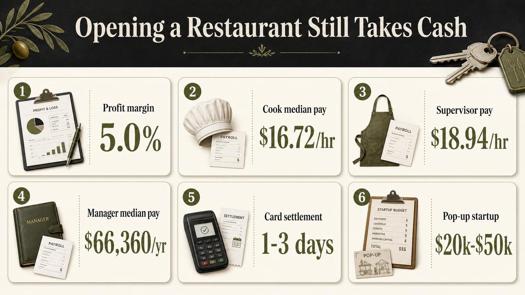 Infographic shows restaurant finance figures with keys, payroll forms, and equipment icons
