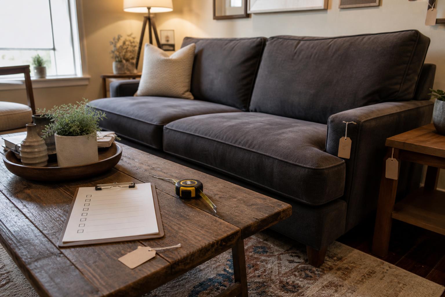 Living room contains a dark sofa, wooden coffee table, tags, and clipboard