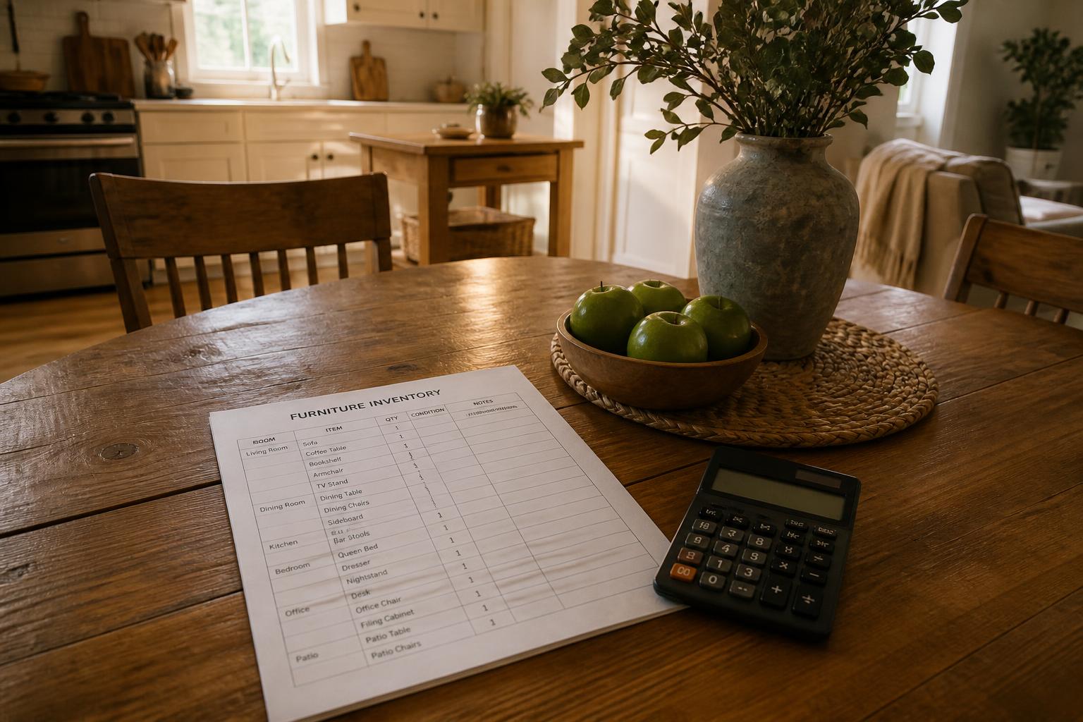 Wooden dining table holds a furniture inventory sheet, calculator, apples, and vase