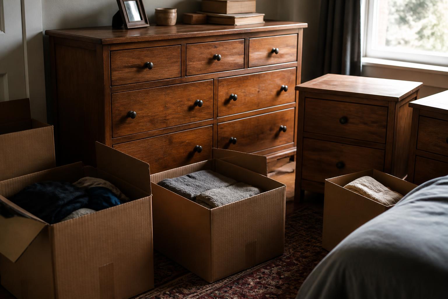 Bedroom contains wooden dressers, cardboard boxes, folded textiles, and a window