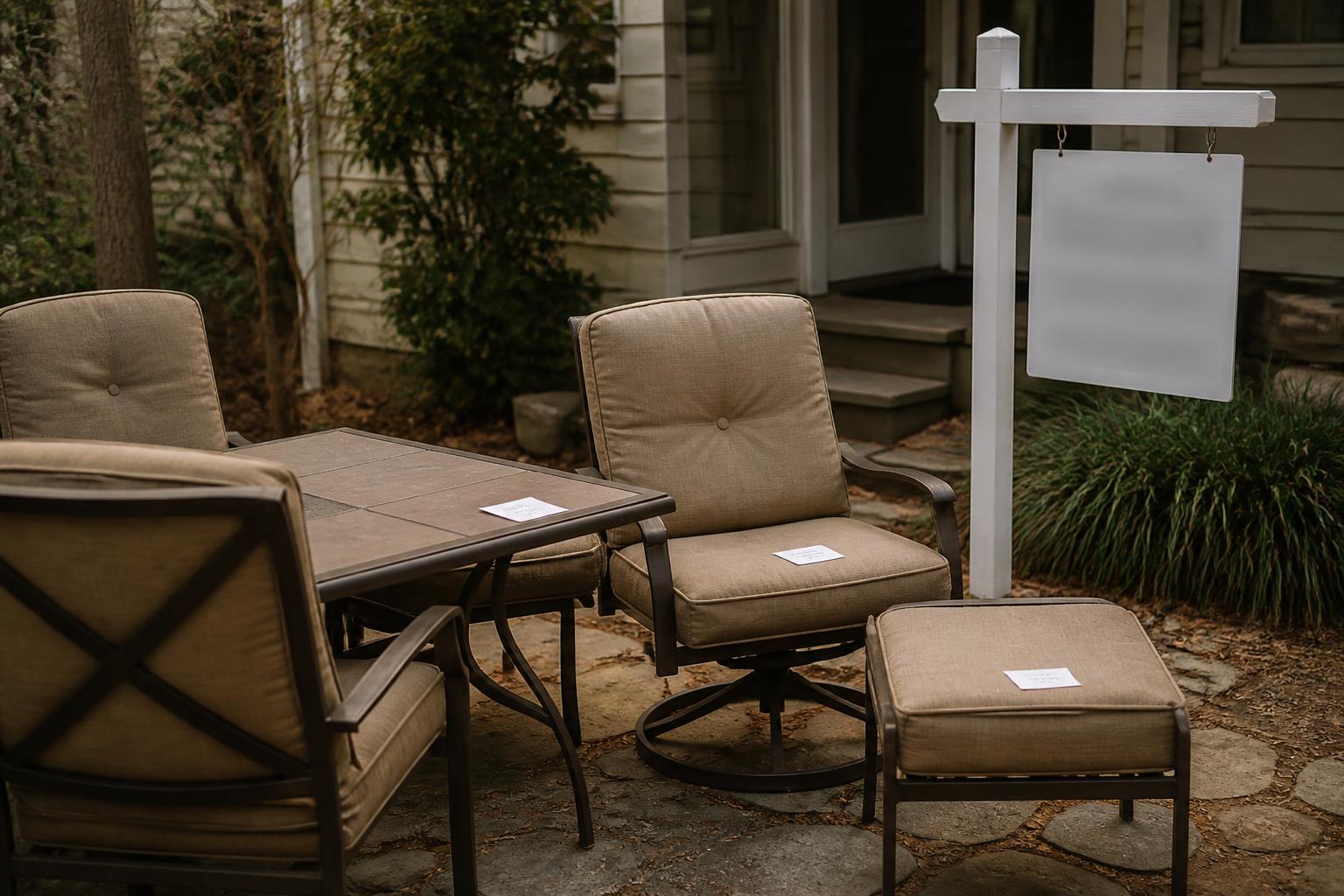 Outdoor patio furniture sits beside a white signpost near a house entrance