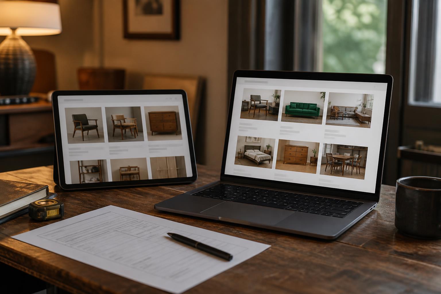 Laptop and tablet display furniture listings on a wooden table with paperwork