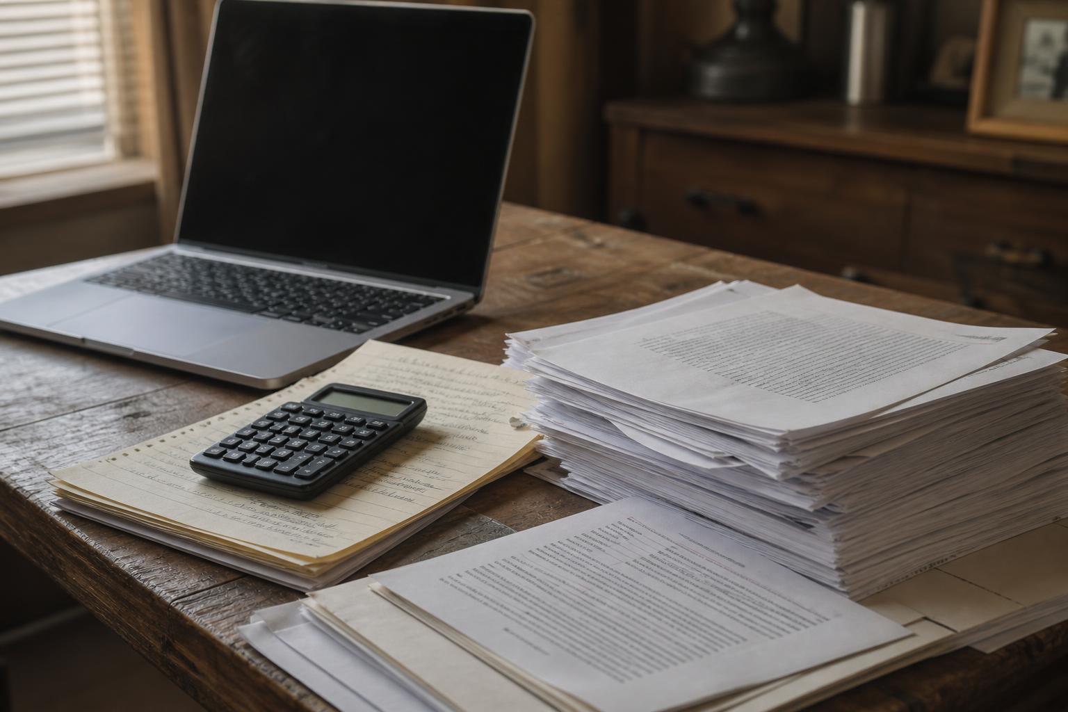 A laptop, calculator, notebook, and tall document stacks sit on a wooden table
