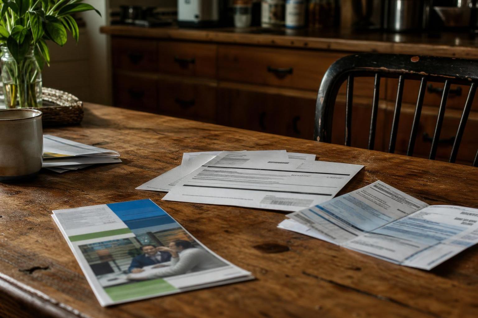 Loose papers and brochures are spread across a wooden kitchen table near a chair