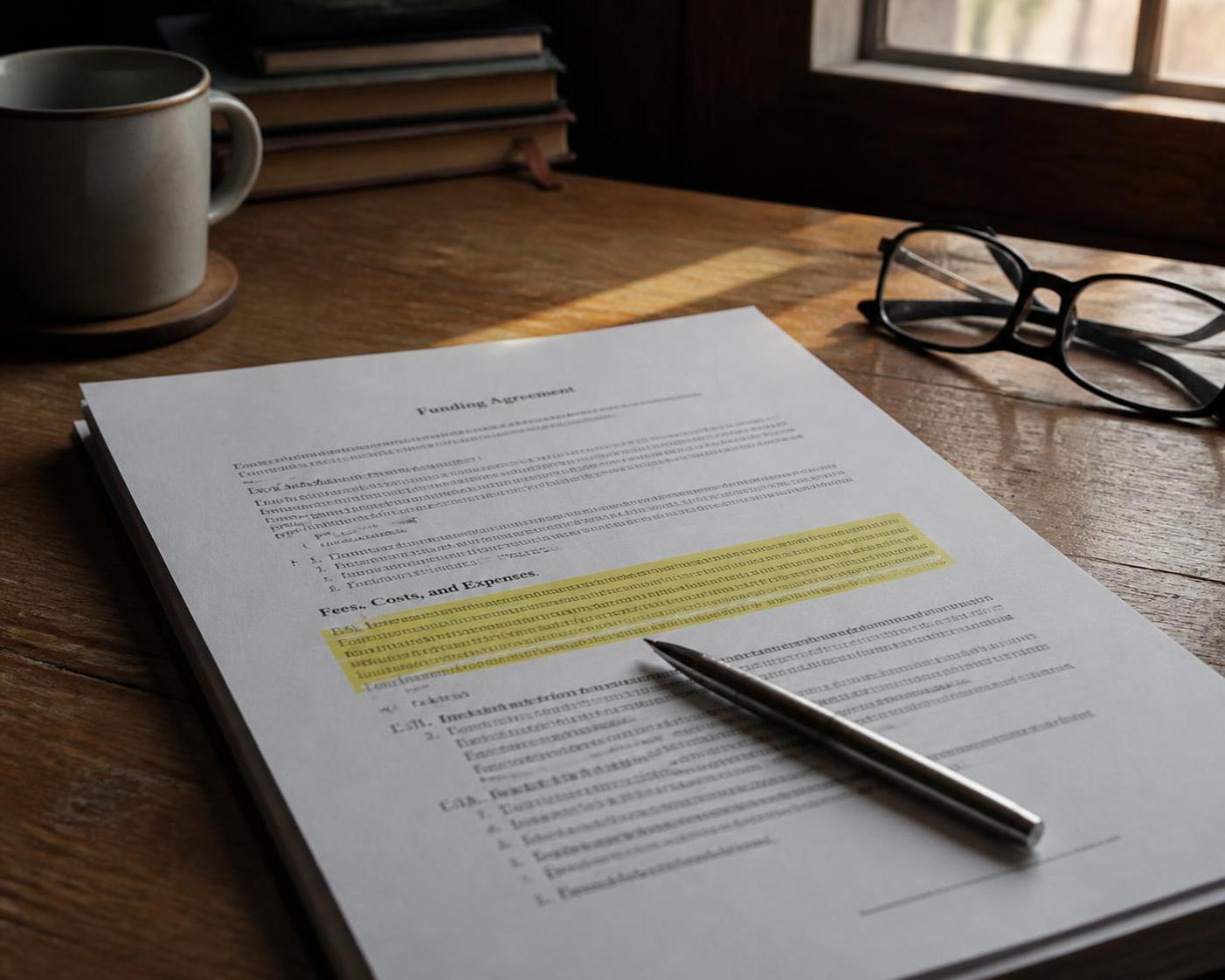 A highlighted document, pen, glasses, mug, and books sit on a wooden desk
