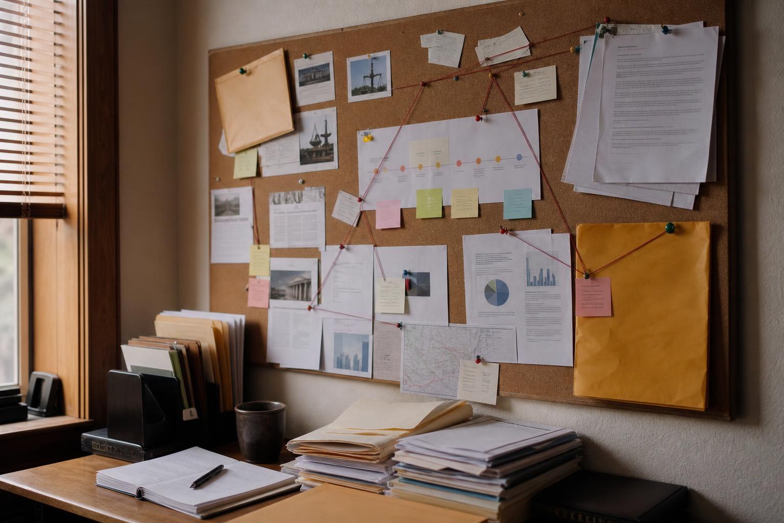 A corkboard displays pinned papers, charts, photos, envelopes, and connecting red strings