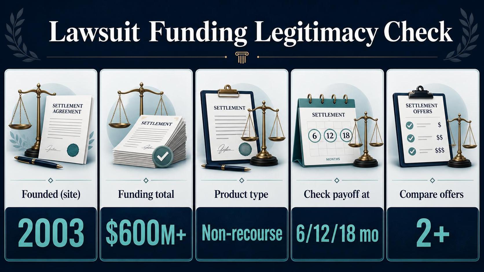 Infographic panels show scales, settlement documents, clipboards, and large funding-related text