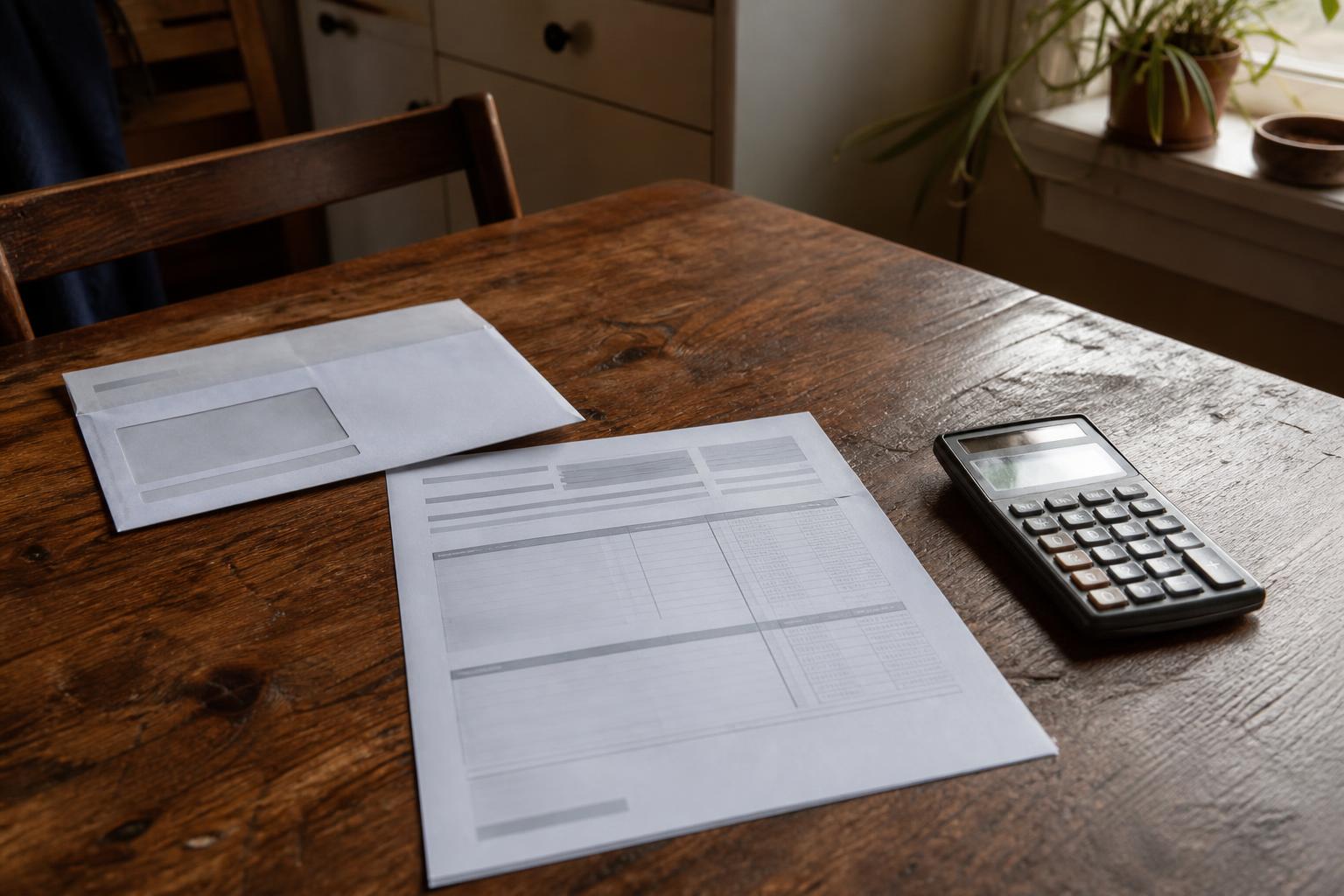 A calculator, envelope, and printed form sit on a wooden table