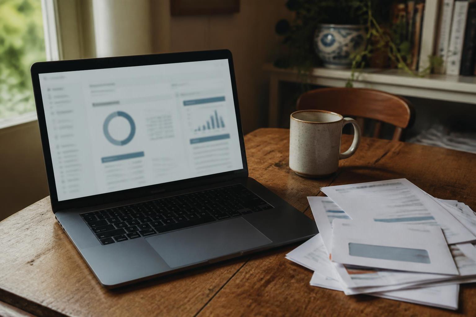 A laptop, mug, and paper stack sit on a wooden table indoors