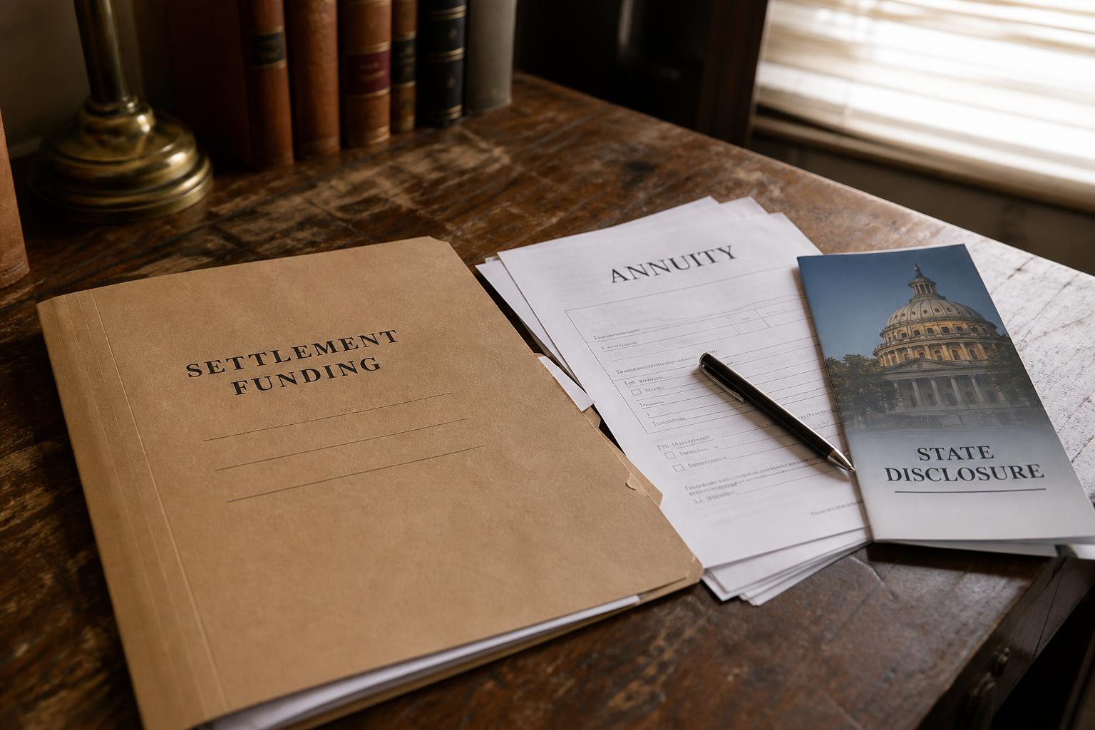 Folders, annuity papers, a pen, and disclosure booklet lie on a wooden desk