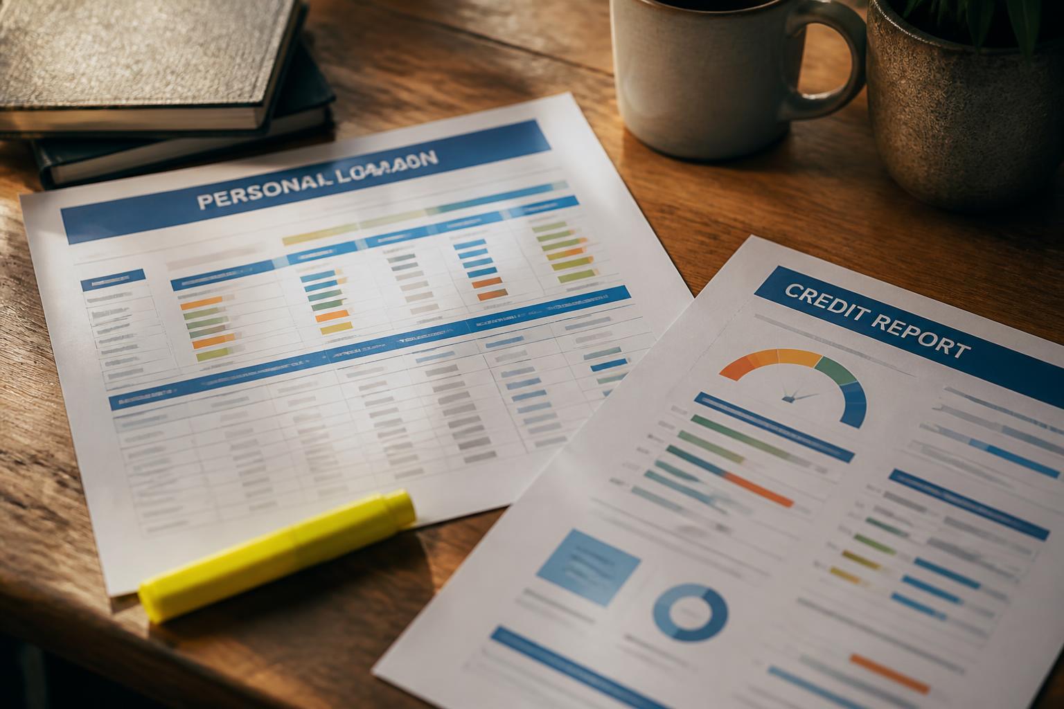 Personal loan and credit report papers lie beside a highlighter, mug, and notebook