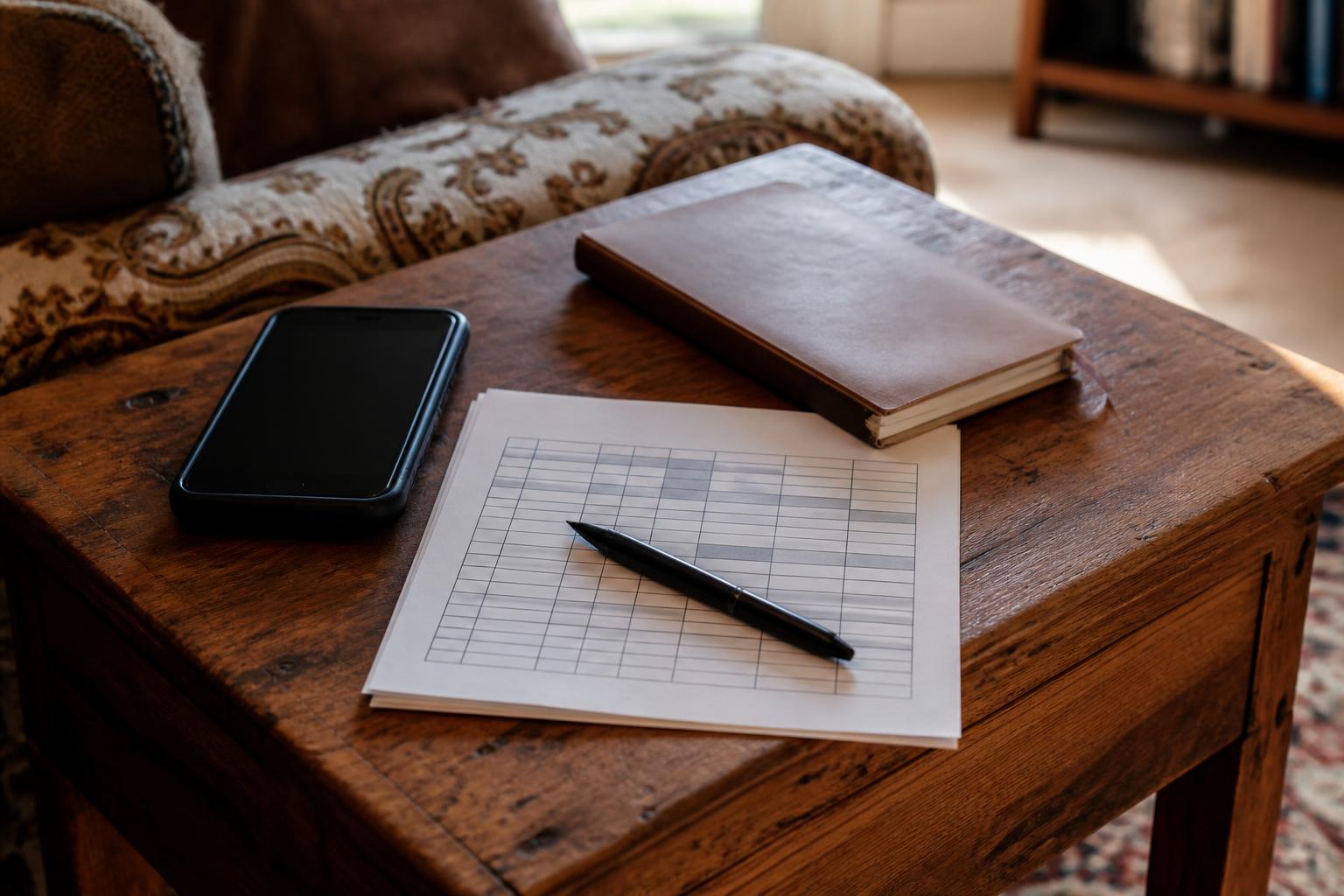 A phone, notebook, pen, and grid paper sit on a wooden coffee table