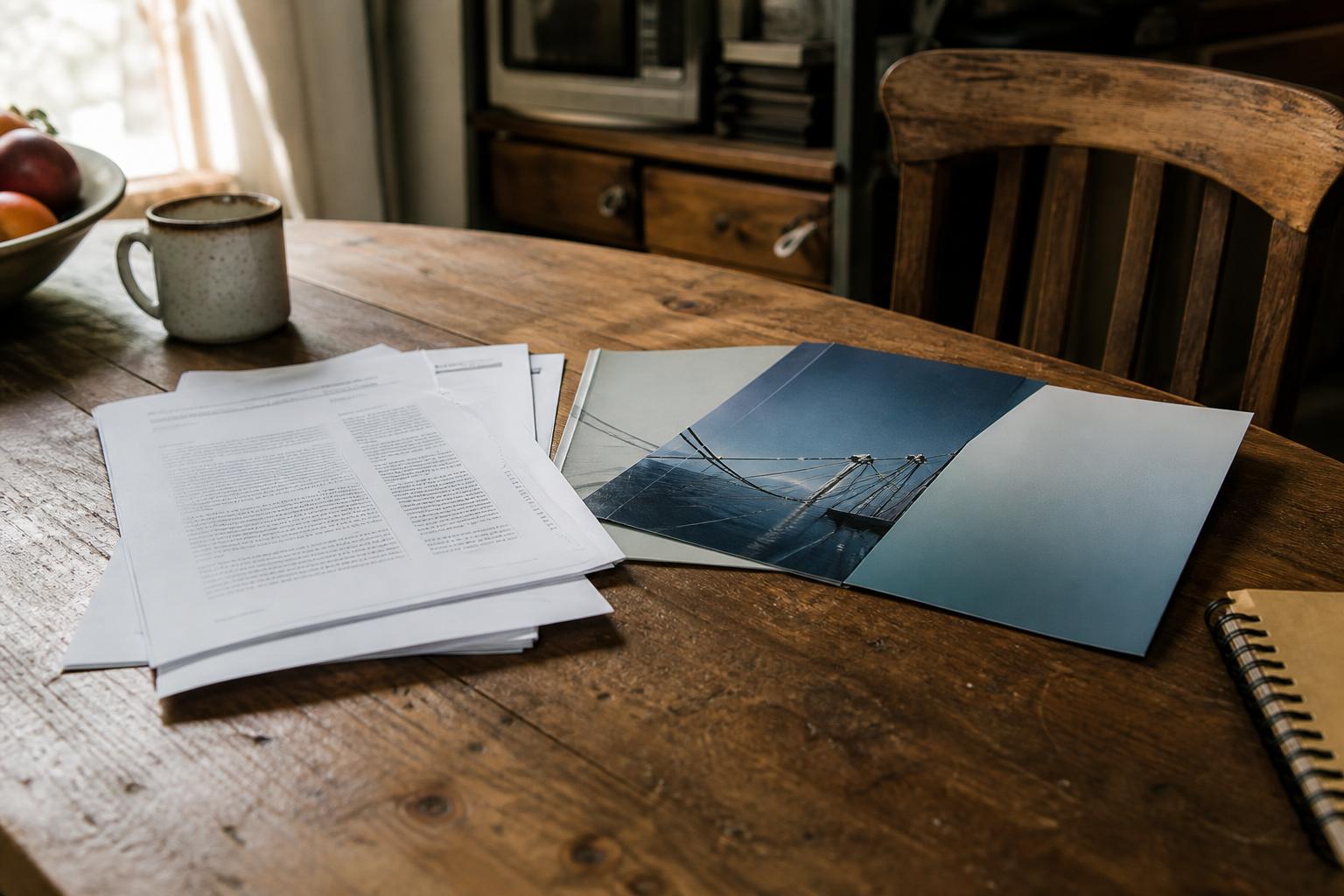 Printed papers, a photo of a bridge, a mug, and a notebook on a rustic wooden table