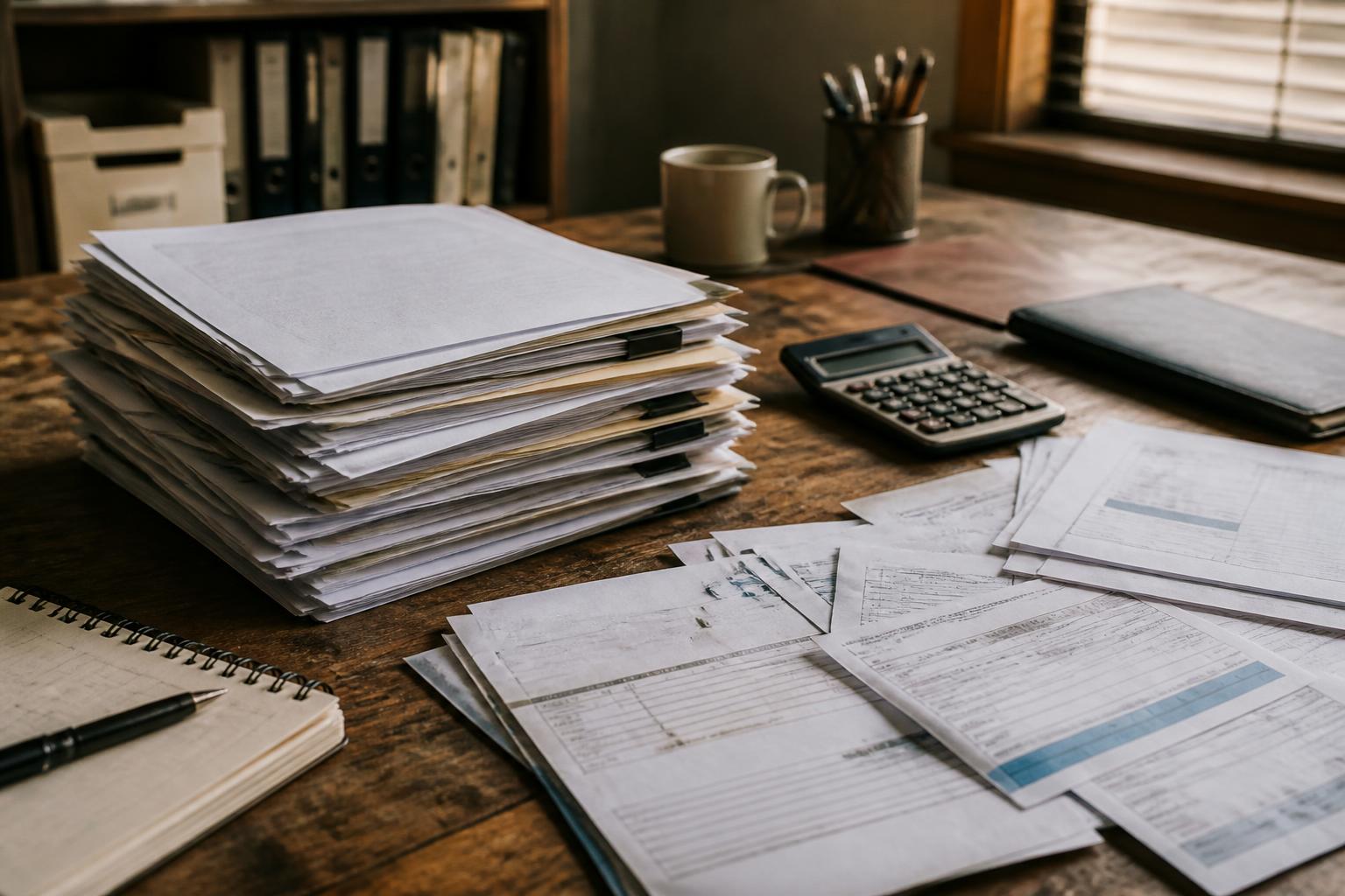 Stacked clipped documents, a calculator, a notebook with pen, and a mug on a wooden desk