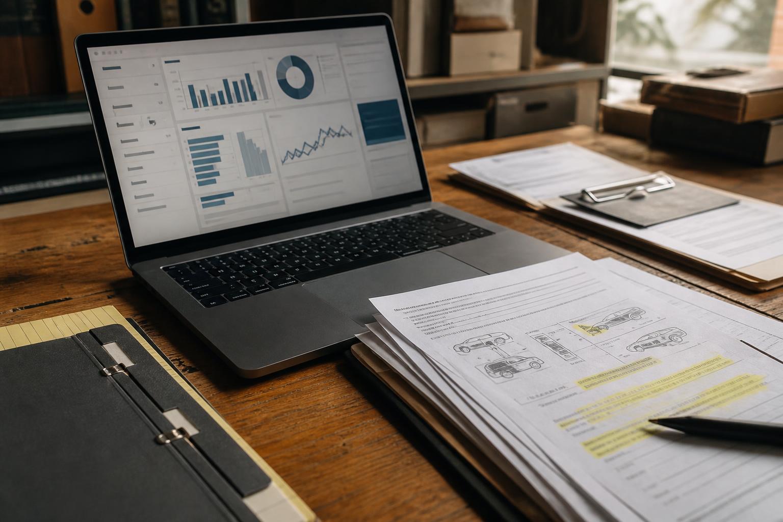 Laptop displaying bar and pie charts beside printed vehicle diagrams and clipboards on a wooden desk