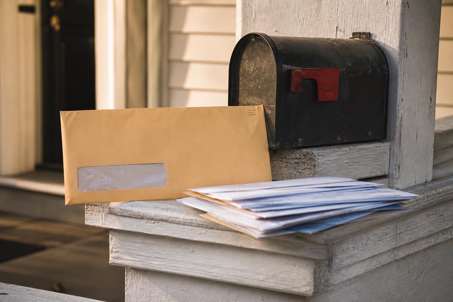 A brown manila envelope and a stack of white mail lean against a black mailbox on a porch
