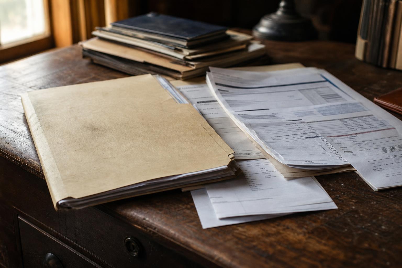 A worn manila folder, printed spreadsheets, and stacked notebooks on a dark wooden desk near a window