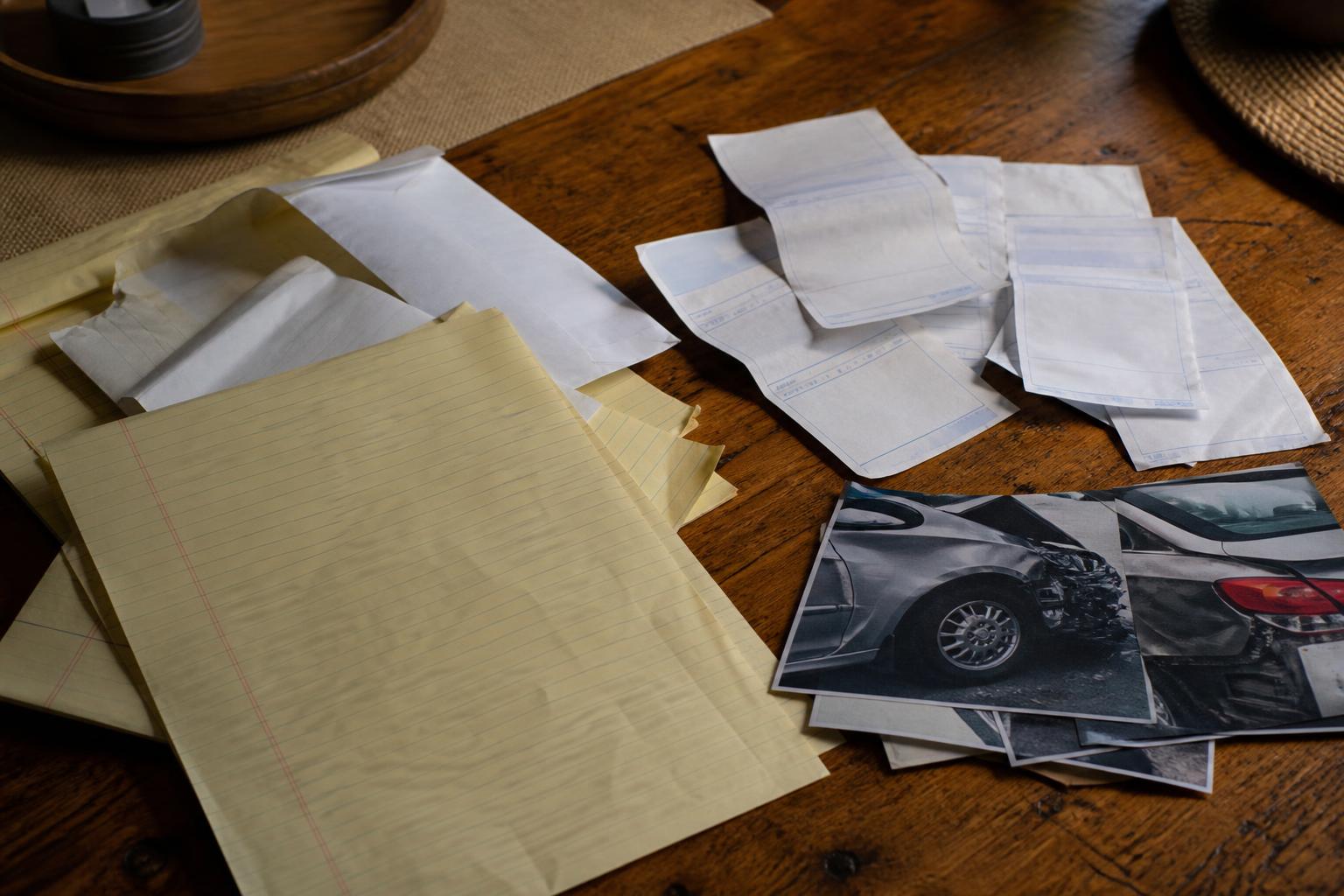 Yellow legal pad sheets, small receipts, and printed car damage photos spread on a wooden table